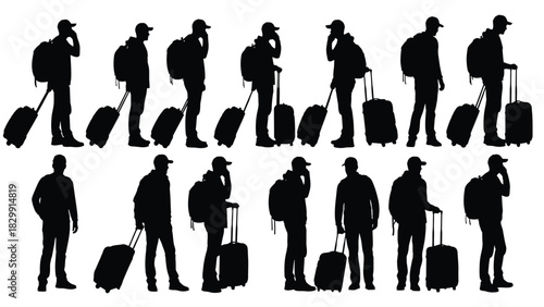 Collection of Male Traveler Silhouettes Vector Illustration Set. Tourists or Commuters in Various Poses with Backpacks and Rolling Luggage, Isolated on White Background.