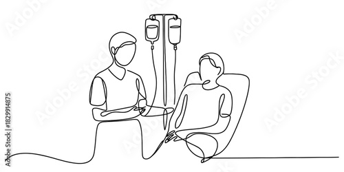 Continuous line art illustration: healthcare professional assisting a patient with intravenous therapy, symbolizing medical care and support. Vector, illustration