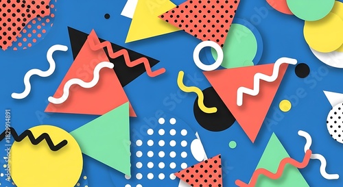 Vibrant retro 80s style background with geometric shapes offers a dynamic and playful design for branding, marketing, or creative projects