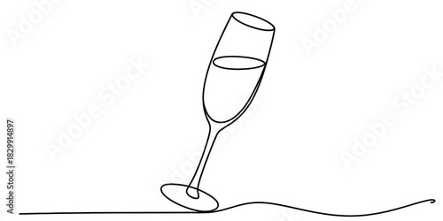 Continuous line drawing of a champagne flute with liquid, representing celebration, elegance, and minimalist design, ideal for toasts. Vector, illustration