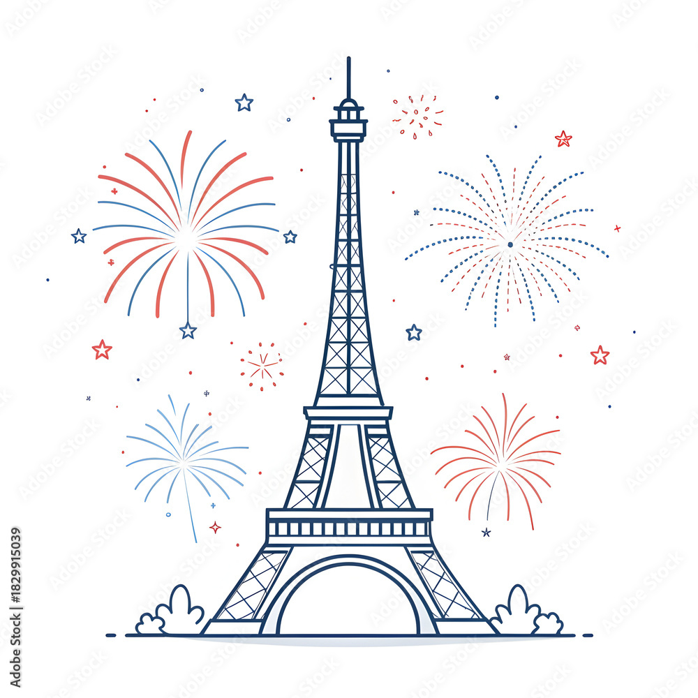 Fototapeta premium A minimal Eiffel Tower design accented with small abstract fireworks creating a festive modern visual highlighting