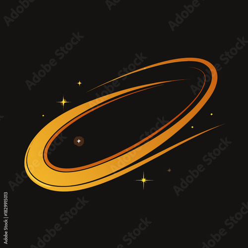 Golden elliptical orbit with sparkling stars on a black background