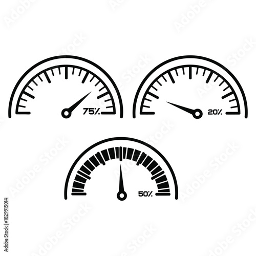 Gauge meters showing different percentages in black and white representing status and progress with indicators for dashboard and graphical user interface elements