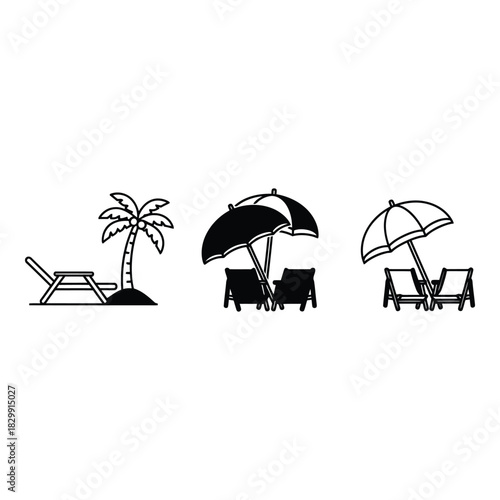 Minimalist beach vacation design with palm trees and deck chairs with umbrellas for relaxation and summer getaway themes with clean design