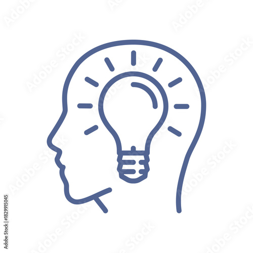 Innovation idea icon showing a human head with lightbulb representing creative thinking, inspiration, problem solving, conceptual design and inventive mindset flat vector illustration.