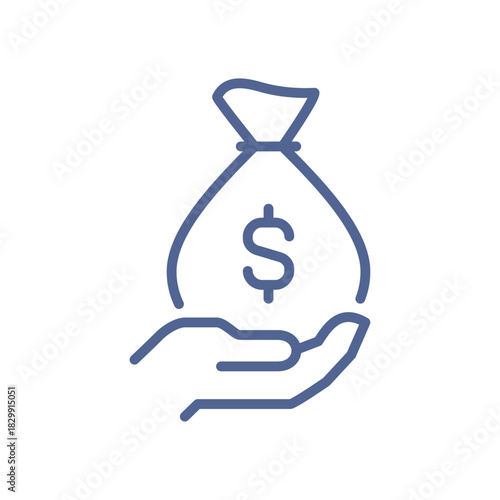 Money bag in hand icon, representing financial support, investment funding, savings protection, economic assistance, budget management and secure monetary operations flat vector illustration.
