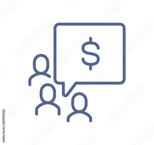 Financial discussion icon showing a group conversation about money, budget planning, economic decision making, investment negotiation, dialogue flat vector illustration.
