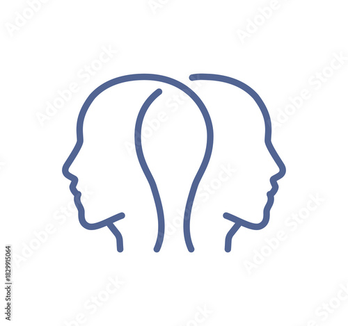 Dual human head profile icon, illustrating communication, shared thinking, psychology concepts, teamwork understanding, mental connection and collective intelligence flat vector illustration.