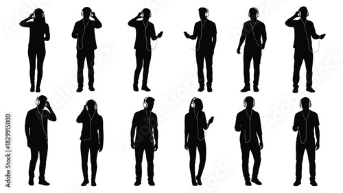 Vector silhouettes of young adults and teenagers listening to music on headphones, holding mobile phones or media players. Full length black silhouettes isolated on white background.