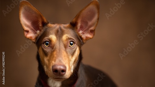 Soft-lit closeup of a gentle dog facing the camera, presented against a clean minimal background.