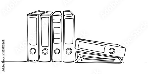 Continuous line art illustration of office ring binders and a stapler, symbolizing organization, paperwork, and efficient business administration. Vector, illustration