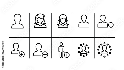 User Profile and Social Network Line Icons Set. Avatar, Add User, Remove User, Premium Member Vector Illustration.