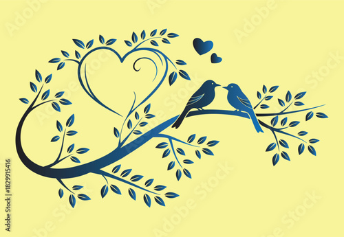 Lovely illustration featuring birds perched on a branch, with a heart shape and leaves, perfect for romantic or love-themed designs