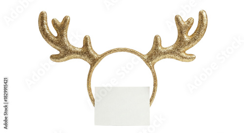 Golden glitter reindeer antlers headband holding blank card © BTG