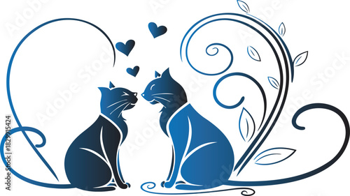 Elegant blue cat silhouette design with heart and foliage elements, perfect for celebrating love and affection in romantic projects or pet-themed designs
