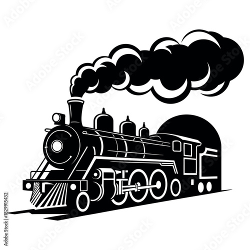 Vintage steam locomotive billowing thick black smoke from its chimney on a white background