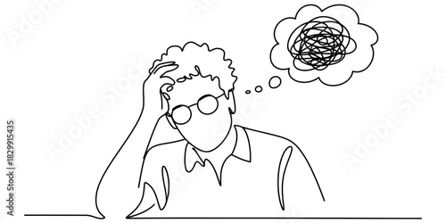 Continuous line drawing of a confused person in glasses with hands on head, showing tangled thoughts and mental stress or problem-solving difficulty Vector, illustration
