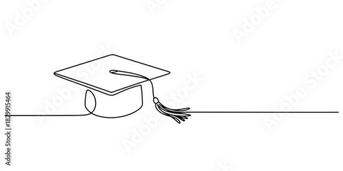 Minimalist continuous line art drawing of a graduation cap with a tassel, symbolizing academic achievement, success, and higher education journey. Vector, illustration