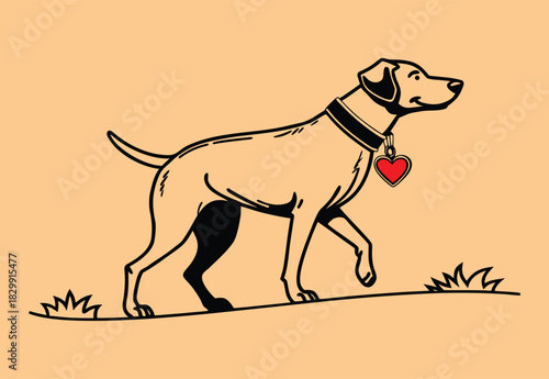 Charming illustration of a playful dog wearing a heart-shaped pendant, walking on grass, perfect for pet-themed designs and animal lovers