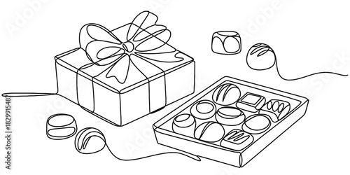 Single continuous line illustration of a gift box adorned with a bow, accompanied by an open tray of assorted chocolates and loose bonbons. Vector, illustration