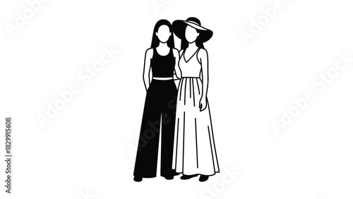 Minimalist Vector Illustration of Two Stylish Women in Summer Fashion: One in a Sun Hat and Dress, the Other in Wide-Leg Pants