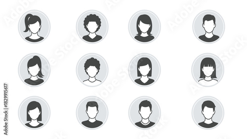 Vector Set of Generic User Profile Avatars. Default Male and Female Icons with Various Hairstyles
