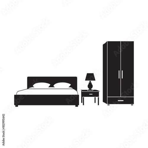 Bedroom furniture set icon including bed, nightstand lamp, wardrobe.