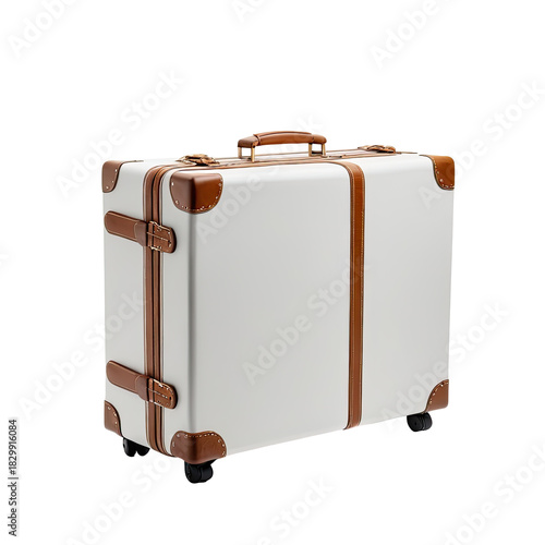 Classic white suitcase with brown leather accents and handle, wheels