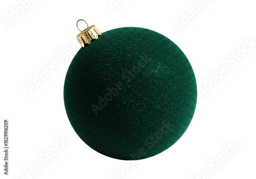 Macro close-up of a luxurious deep emerald green velvet christmas bauble with a polished 24k gold cap, isolated on a seamless transparent studio background. Festive luxury concept