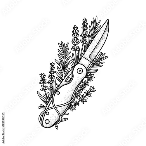 A detailed line art illustration of a pocket knife intertwined with lavender sprigs.