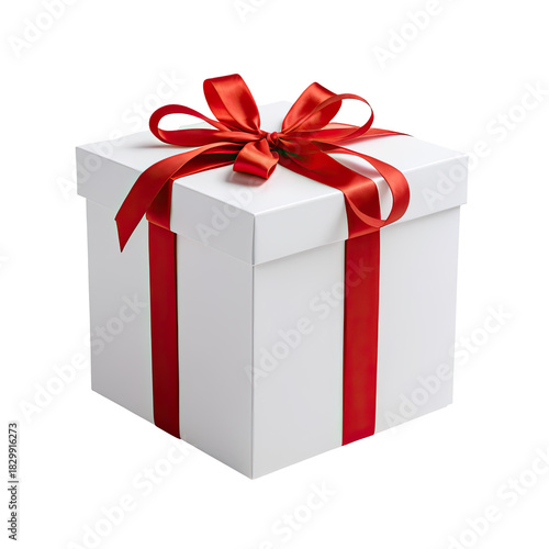 A pristine white gift box tied with a vibrant red ribbon