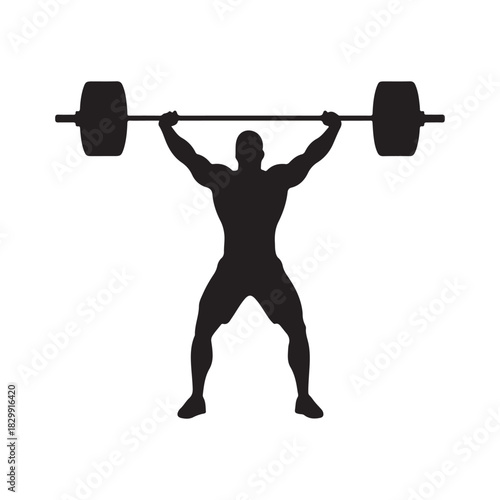 Strong man silhouette performing overhead barbell lift on white