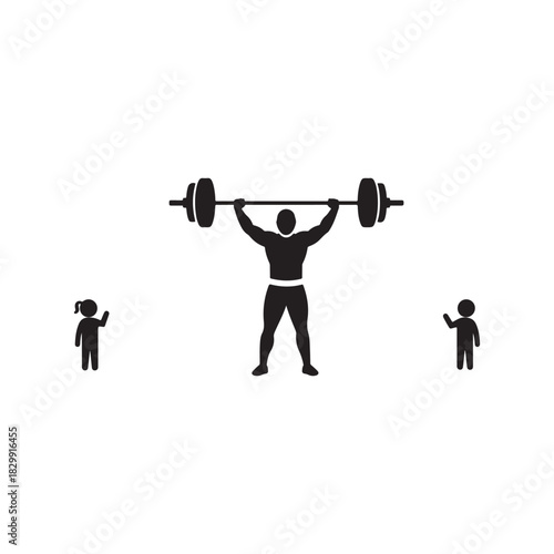 Male weightlifter icon lifting heavy barbell with two children watching