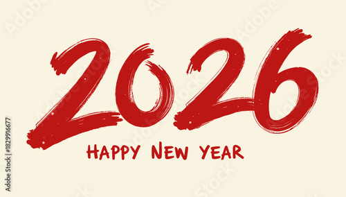 Red festive calligraphy 2026 with happy new year text on soft light background calligraphy brush ink lunar new year