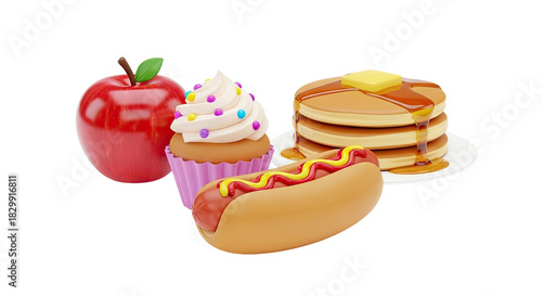 Stylized cartoon food items apple cupcake pancakes hot dog render
