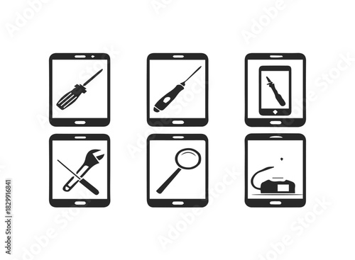 Smartphone repair tools icon set black and yellow