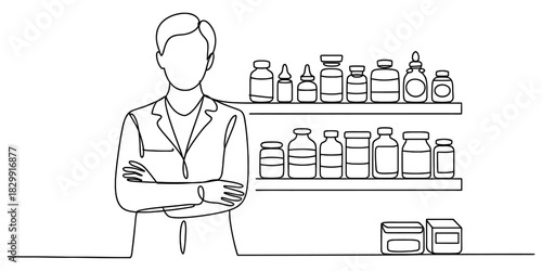 Continuous line drawing: pharmacist or doctor in lab coat with arms crossed, standing next to shelves of medicine bottles Vector, illustration