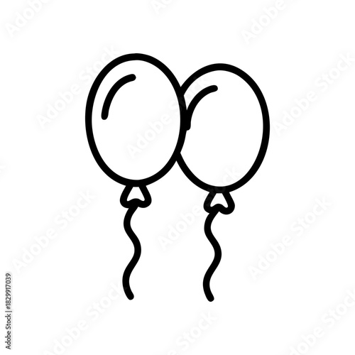 Two simple balloons with strings in black outline on transparent background
