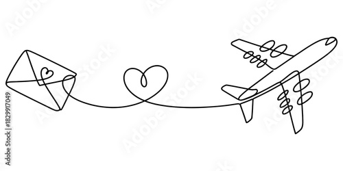Continuous line art illustration of an airplane with a trail forming a heart and connecting to an envelope, symbolizing global love delivery Vector, illustration