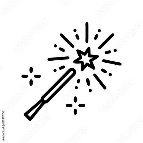 Outline drawing of a magic wand with starbursts on transparent background