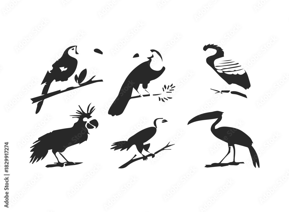 Fototapeta premium Colorful jungle birds icon set parrot toucan hornbill