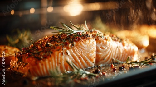 Freshly Baked Salmon with Herbs and Spices, Glazed to Perfection in Oven, Garnished with Rosemary and Aromatic Ingredients for Culinary Delight