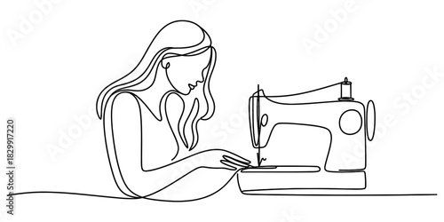 Continuous line art drawing of a young woman working at a sewing machine, illustrating creativity, handmade craft, and textile design hobby Vector, illustration