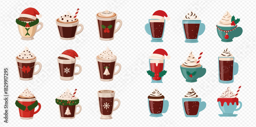 Festive collection of hot chocolate mugs with holiday decorations and toppings.