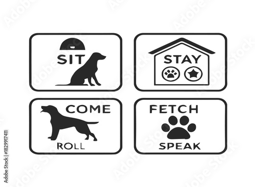 Pet training commands sit and stay icon set