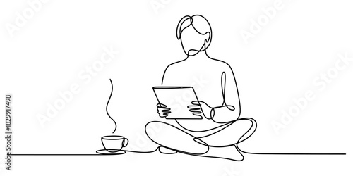 Continuous line drawing of person sitting cross-legged, reading a digital tablet with hot beverage. modern digital lifestyle, e-learning and relaxation. Vector, illustration