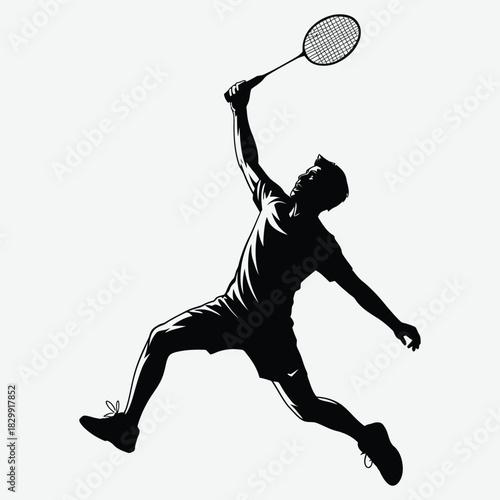 Badminton player jumping in the air with racket in silhouette vector