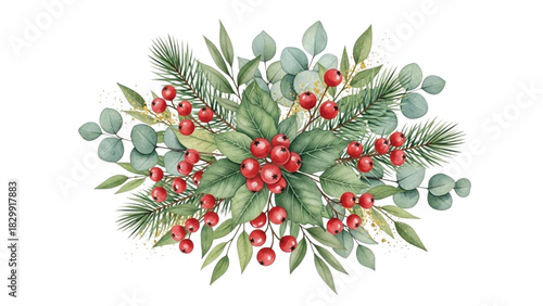 Watercolor Christmas Arrangement with Red Berries, Eucalyptus and Pine Greenery Clipart