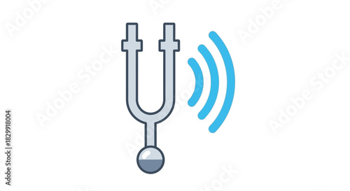 Blue tuning fork icon with radiating waves representing sound and vibration