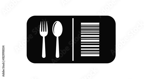 Black sign displaying a fork spoon vertical line and barcode graphic